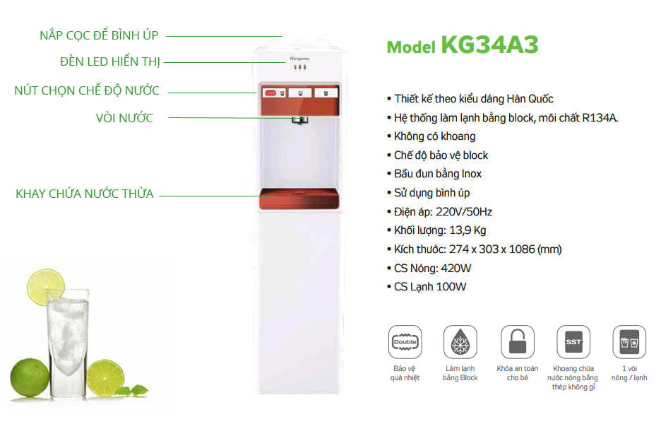 Tính năng Cây nước nóng lạnh Kangaroo KG34A3