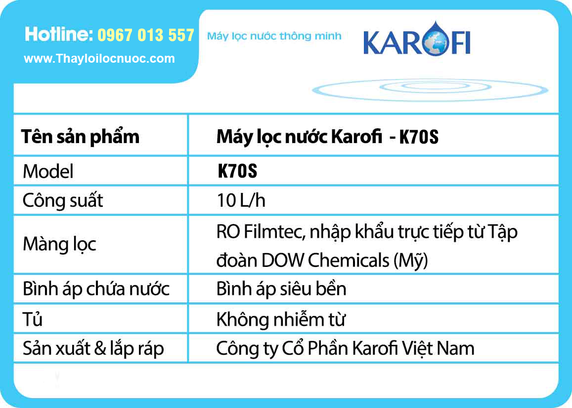 Tem máy lọc nước Karofi sRO 7 lõi K70S