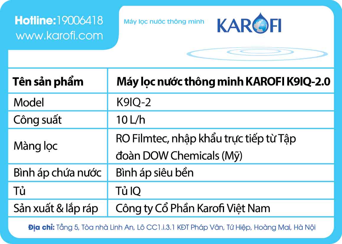 Tem Máy lọc nước Karofi thông minh 9 lõi iRO 2.0