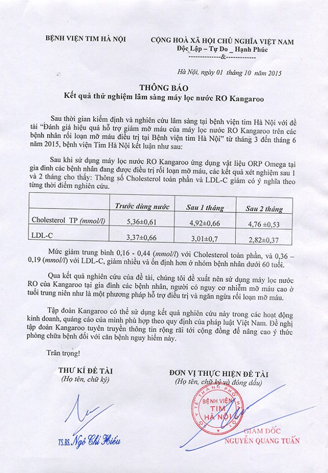 Kế quả kiểm nghiệm lân sàng máy lọc nước Kangaroo