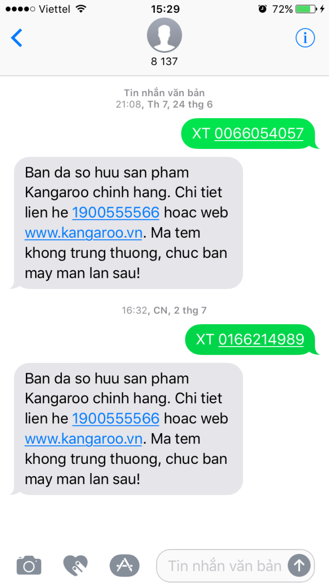 Nhắn tin kích hoạt sản phẩm máy loc nước Kangaroo Hydrogen chính hãng